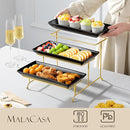 MALACASA 3 Tier Serving Trays for Party, 12 Inch Porcelain Black Trays for Serving Food, Dessert Stand with Collapsible Gold Metal Rack by CozyNest Decor