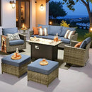 ovios 7 Pieces Patio Furniture Set with 42" Fire Pit Table, Outdoor Wicker Sofa with Swivel Chairs, All Weather High Back Rattan Couch Conversation Set, Denim Blue by GreenHaven Gardens