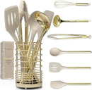 7-Piece Beige & Gold Kitchen Utensils Set – Non-Toxic Silicone & Stainless Steel Tools for Cooking, Serving, & Hosting – Ideal for Nonstick Cookware & Modern Kitchens, with Gold Utensil Holder by CozyNest Decor