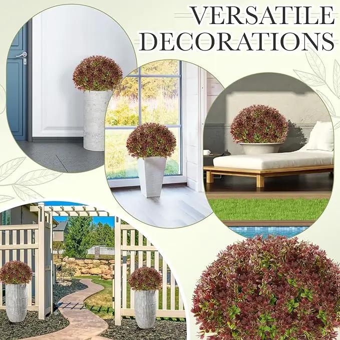 Yunlly 4 Pack 18" Artificial Boxwood Ball Bush Topiary Trees Fake Outdoor Plants, Realistic UV Resistance Faux Shrubs with Spike Greenery Topiary for Front Porch Garden Yard Patio Indoor (Dark Red), photo 8 of 8