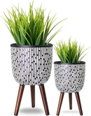 2 Set Plant Pot with Stand 10 & 12 inches, Mid-Century Large Planter with Legs for Indoor Plants, Boho Print Standing Plant Pot with Drainage Plug for Monstera, Herb, Succulent Flower Pot by CozyNest Decor