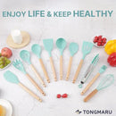 Silicone Cooking Utensils Set, Premium Beech Wood Handle Kitchen Gadgets Utensil Set, Non-Stick Kitchen Utensils Spatula, Tongs, Turner, Whisk, Brush, Spoon, BPA FREE, 446°F Resistant (Mint) by CozyNest Decor