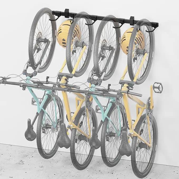 monTEK Enhanced Bike Storage Rack, Adjustable 4-Bike and 2-Helmet Hangers for Indoor Bike Storage, Customizable for Various Bike Sizes, Heavy-Duty Steel Bike Wall Mount, Max Load 265lbs, 48-in