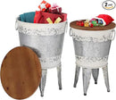 Rustic Storage Farmhouse Accent Side Table, Antique Galvanized Metal End Coffee Cocktail Table Box Bin with Round Wooden Lid Set of 2 (Distressed White) by CozyNest Decor