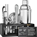 Mixology Bartender Kit with Stand - 15 Piece Bar Tool Set, Silver Bar Set Cocktail Shaker Set for Drink Mixing - Includes Martini Shaker, Jigger, Strainer, Bar Mixer Spoon, Tongs, Opener | Gift Idea by CozyNest Decor
