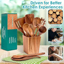 Wooden Spoons for Cooking, Acacia Wood Cooking Utensils Set – 11 Piece Wooden Kitchen Tools with Holder, Spoon Rest, Nonstick Cookware Safe by HOWHONG by CozyNest Decor