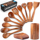 Zulay Kitchen 12-Piece Teak Wooden Utensils for Cooking - Natural Teak Utensil Set with Premium Gift Box - Non-Stick Wooden Spoons for Cooking - Kitchen Gift Set - Comfortable Grip Wooden Utensil Set by CozyNest Decor