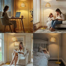 Oneach Arc Floor Lamp for Living Room,Rattan Boho Floor Lamp with Hand-Woven Wicker & Fabric Shade, Foot Switch,Gold Metal Base & Pole,Farmhouse Standing Lamp for Bedroom Corner,Office,Reading by CozyNest Decor