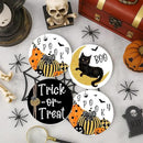 Coaster for Drinks Set of 6, Halloween Boo Black Cat Trick or Treat Spooky Pumpkin Bat Absorbent Round Ceramic Stone Mat, with Cork Base and Metal Holder, Gift for Housewarming Room Bar Decor by CozyNest Decor