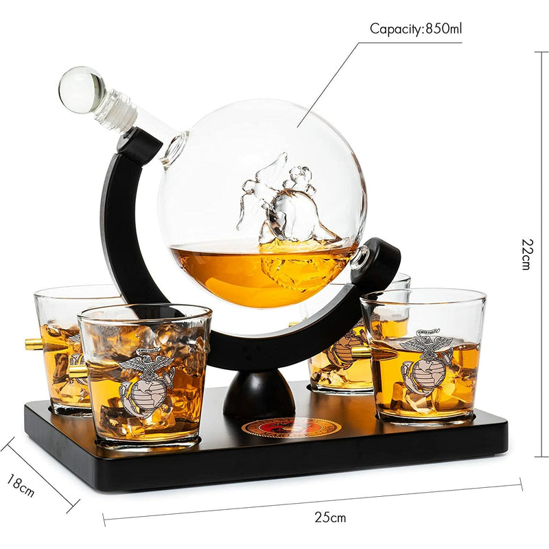 Marine Decanter Set With Four 3 oz Shot Glasses 1000ml Marines Gift Decanter by The Wine Savant - Marine Gifts, Army Gifts, Veteran Gifts