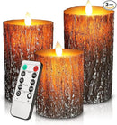 JOSU LED Flameless Candles Pine Bark Effect, Battery Operated Candles with Remote Control, LED Fake Candles, 4" 5" 6" Pack of 3, for Wedding Decor, Table Decor, Home Decoration Gifts (Pine Bark) by GreenHaven Gardens