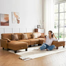 Faux Leather Modular Sofa Couch 128" Modern 7-Seat Sofa with Chaises, Upholstered Sectional Couch with Wood Square Legs for House, Living Room, Reception Room, Apartment, Tan by CozyNest Decor