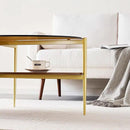 Oval Glass Coffee Table, Mid-Century Modern Design, L43 x W22 x H17 inch, 2-Tier Structure, Olive Shaped Amber Glass Top and Walnut Finish Wood Shelf, Tapered Legs with Gold Finish Frame by CozyNest Decor