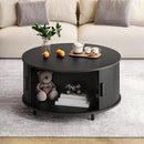 Round Coffee Table with Storage, 31.5" Modern Coffee Table with 360° Curved Sliding Door, Fluted Wood Accent Coffee Table with Adjustable Footpads, Round Center Table for Living Room, Black by CozyNest Decor