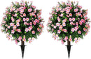 Sunnyglade Set of 2 Artificial Boxwood Topiary Ball Trees with Pink Flower, Faux Shrub Bushes with Ground Spike 25.5", UV Resistant Fake Boxwood Plants for Indoor, Garden, Porch, Patio Decor (Pink) by GreenHaven Gardens