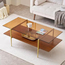 Extra Large Rectangle Glass Coffee Table, Mid-Century Modern Design for Living Room, L47 x W24 x H17, Amber Glass Top and Walnut MDF Shelf, Sleek Conical Metal Legs with Gold Finish by CozyNest Decor