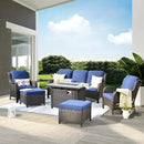 ovios 6 Pieces Patio Furniture Set with 42" Fire Pit Table, Outdoor Wicker Sofa with Ottomans, Comfy Cushions, High Back Couch Conversation Set, Brown Rattan, Navy Blue by GreenHaven Gardens