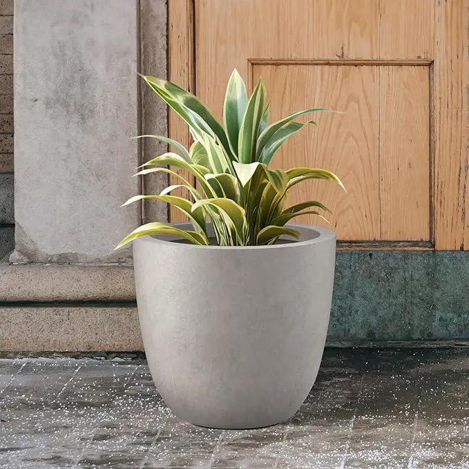 Kante 14 Inch Dia Round Concrete Planter, Indoor Outdoor Large Plant Pot with Drainage Hole and Rubber Plug for Home Patio Garden, Weathered Concrete, photo 5 of 7