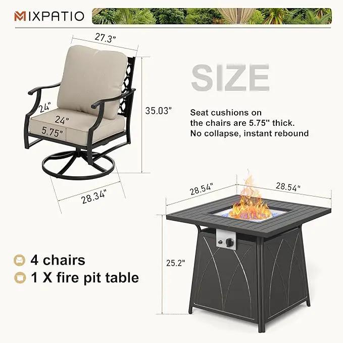 Patio Furniture Set with Fire Pit Table, 5 Pcs Metal Outdoor Conversation Set, 4 Swivel Chairs with 5.75" Extra Thick Cushion and 28" Fire Pit Table for Backyard Deck, Beige, photo 6 of 8