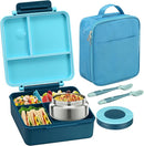 Bento Lunch Box for Kids with 8oz Soup Thermo&Lunch Bag, Leak-Proof Lunch Food Containers with 4 Compartment, Hot Food Insulated Food Jar for Kids School (Blue) by TinyTreasures Baby Boutique