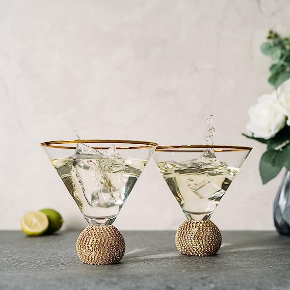 Diamond Studded Martini Glasses Set of 2 - The Wine Savant - Gold Rimmed Modern Cocktail Glass, Rhinestone Diamonds With Stemless Crystal Ball Base, Bar or Party 10.5oz, Swarovski Style Crystals