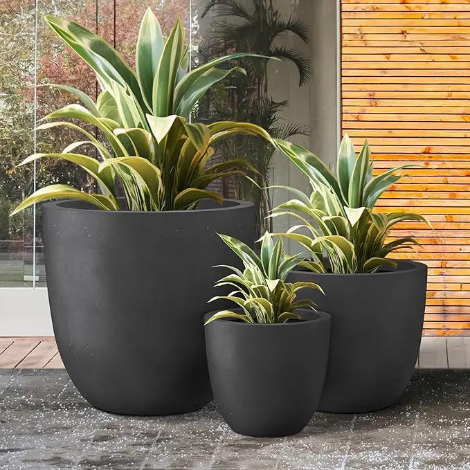 Kante 18",14",10" Dia Concrete Round Planters (Set of 3), Outdoor Indoor Large Planter Pots with Drainage Hole and Rubber Plug for Home Patio Garden, Black, photo 7 of 8