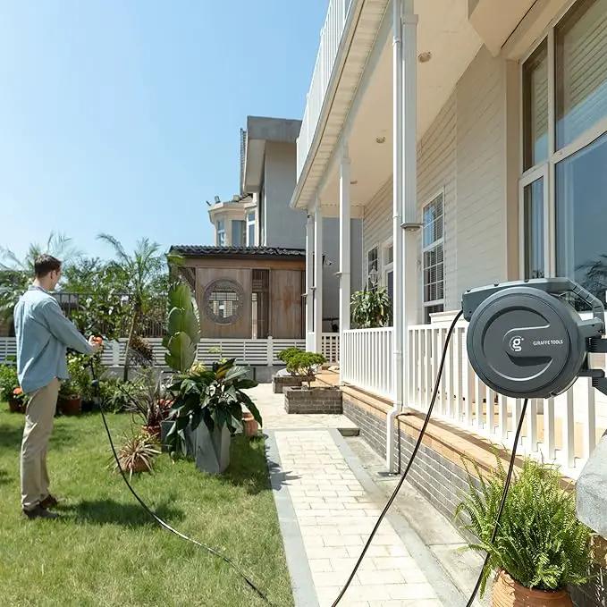 Giraffe Tools Metal Retractable Hose Reel 130 FT Wall Mounted Heavy Duty Hose Reel with 9 Pattern Nozzle 180 Deg Swivel, Metal Bracket Any Length Lock (1/2 130FT PRO, Dark Grey), photo 7 of 7