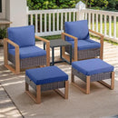 Outdoor Wicker Patio Furniture Set - 5 Piece Patio Conversation Set with 2 Wicker Armrest Chairs,2 Rattan Ottoman, 1 Side Table, Sturdy Frame, Thick Cushions, Deep Seating(Brown/Blue) by CozyNest Decor