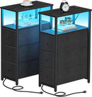 TUTOTAK Narrow LED Night Stand with Charging Station, Slim End Table with Plugins, Tall Side Table with 3 Fabric Drawer, Small Bedside Table with Storage, Set of 2, for Living Room, Black TB01BK073L by CozyNest Decor