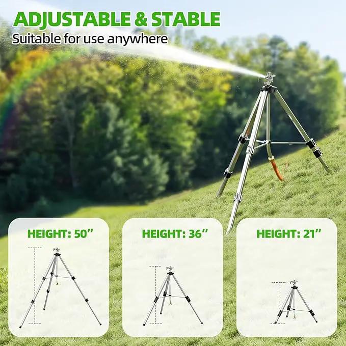 Brass Impact Sprinkler on Tripod Base, 50” Heavy Duty Metal Pulsating Telescoping Sprinkler, 360 Degree Irrigation for Large Area, Yard, Lawn, Waters up to 90ft, Covering up to 6360sqft, photo 3 of 6