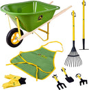 John Deere Deluxe 34" Wheelbarrow and Garden Set Includes 5 Realistic Gardening Tools,Gardening Apron, Gardening Gloves, Large Metal Wheelbarrow with Wooden Handles, Outdoor Toy Ages 5+ by TinyTreasures Baby Boutique