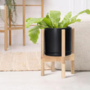 D'vine Dev Ceramic Planter with Natural Stand - 8 Inch Modern Round Flower Pot with Wood Planter Holder, Black, 55-B-N-2 by CozyNest Decor
