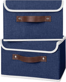 ANMINY 4PCS Storage Bins with Lid PU Leather Handles Storage Boxes PP Plastic Board Decorative Foldable Lidded Cotton Linen Fabric Home Cubes Baskets Closet Organizer Containers - Blue, Small Size by TinyTreasures Baby Boutique