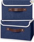 ANMINY 2PCS Storage Bins with Lid PU Leather Handles Storage Boxes PP Plastic Board Decorative Foldable Lidded Cotton Linen Fabric Home Cubes Baskets Closet Organizer Containers - Blue, Small Size by TinyTreasures Baby Boutique