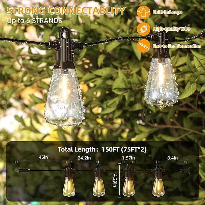 FOOMAN LED Outdoor String Lights, 150FT Outside Waterproof Patio Lights with 72+3 Shatterproof ST38 Edison Bulbs, 2700K Warm White Hanging Light, Dimmable Light for Back Yard Porch Party Gezebo, photo 3 of 9