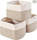 Storage Baskets for Organizing, Woven Cotton Rope Basket for Storage Books, Baby Organizing Baskets, Toy Storage Basket, 15"x11"x9.5", 3 Packs, Off White & Brown by TinyTreasures Baby Boutique