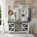 JXQTLINGMU 59" Farmhouse Hall Tree with Shoe Storage, Entryway Bench with 20 Cubbies, 12 Hooks & Sliding Barn Doors, Mudroom Coat Rack Cabinet, Off White by CozyNest Decor