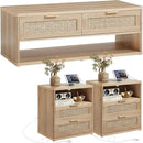 LEYAOYAO Boho Rattan Coffee Table and End Table Sets, 48" Wide Center Tables & 23" Night Stand with Charging Station Chest of Drawers, Natural Wood Coffee Table for Living Room 3 Piece Set by CozyNest Decor