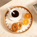 Round Rattan Tray with Mother of Pearl Inlay & Wooden Base - Decorative Wicker Serving Tray for Coffee/Bread/Fruits, Food Storage & Display - Multipurpose Home Decor (M,White Leaves) by CozyNest Decor