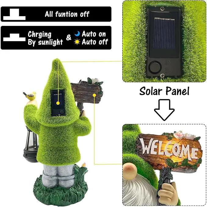 Lovinland Garden Gnome Statue Outdoor Decor Large Flocked Resin Gnome Figurine with Solar Light Holding Lantern Welcome Sign Garden Yard Decorations Dwarf Sculpture for Outside Patio Porch Lawn Decor, photo 4 of 7