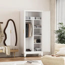 71'' Farmhouse Metal Wardrobe Cabinet with Hanging Rod, 2 Barn Door Wardrobe Closet with 5 Adjustable Shelves,Drawer,for Dining Room,Bedroom,Living Room, Cloak Room,Office (White) by CozyNest Decor