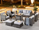 ovios 8 Pieces Patio Furniture Set with 30" Fire Pit Table, Outdoor Wicker Sofa with Comfy Cushions, All Weather High Back Rattan Couch Conversation Set, Grey by GreenHaven Gardens