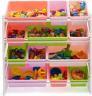 Amazon Basics Kids Toy Storage Organizer With 12 Plastic Bins, White Wood With Pink Bins, 10.9" D x 33.6" W x 31.1" H by CozyNest Decor