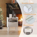 Fluted Nightstand with Charging Station, Modern Bedside Table with Drawer,White Nightstand with Solid Wood Legs, End Table,Side Table for Living Room,Bedroom White CTG57WE by CozyNest Decor