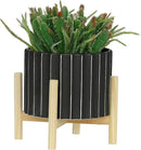 Sagebrook Home 8" Ceramic Planter - Black Planter Elevated on Wooden Stand with Fluted Design - for Indoor or Outdoor Plants, Great Gift Idea for Plant Lovers by GreenHaven Gardens