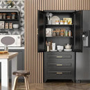 75" Kitchen Pantry Cabinet with 3 Drawers,Metal Storage Cabinets with Doors and 4 Adjustable Shelves,Black Kitchen Cabinet with 2 Gold Handles,Food Cupboard for Livingroom, Bathroom,Pantry by CozyNest Decor