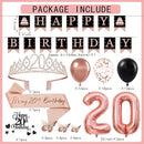 20th Birthday Decorations for Girls Women - 56pcs Rose Gold Happy 20th Banner, 20th Birthday Crown Sash, Cake Topper, Number 20 balloons, 3D Butterflies, 4 Balloon Stands kits by TinyTreasures Baby Boutique