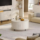 Round Coffee Table with Storage, 31.5" Modern Coffee Table with 360° Curved Sliding Door, Fluted Wood Coffee Table with Adjustable Footpads, Round Center Table for Living Room, Natural White by CozyNest Decor