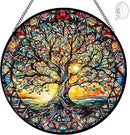 Tree of Life Suncatcher Stained Glass Window Hanging - 8″ Handmade Sun Catchers Indoor Window Valentines Day Decorations with Hooks and Chain - Wall Art Home Decor Panel Gifts for Women Men Mom Dad by GreenHaven Gardens