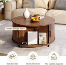 Round Coffee Table with Storage, 31.5" Modern Coffee Table with 360° Curved Sliding Door, Fluted Wood Accent Coffee Table with Adjustable Footpads, Round Center Table for Living Room, Walnut by CozyNest Decor